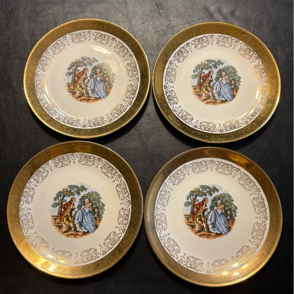 Vintage set Colonial China Dessert Plates Victorian Courting Couple 22K 6.25”